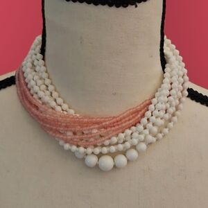 Vintage 1950s Multi-Strand Pink and White Milk Glass Beaded Necklace